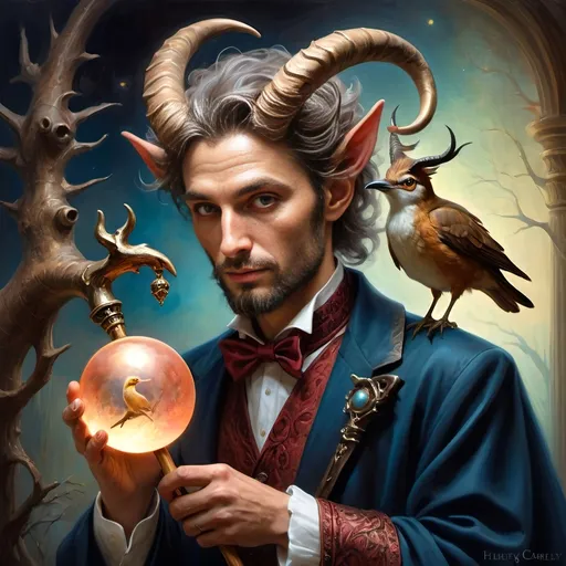 Prompt: A (captivating) oil painting depicting a (mysterious magician) with a (horned head), a (bird perched gracefully on his shoulder), holding a (beautifully crafted cane) and an (orb in his hand), beautifully capturing themes of (fantasy) and (transformation). Character portrait-style, influenced by (Clint Cearley's) signature artistry, with ethereal hues and (vivid detailing) honoring the legendary figures of (Pan and Nuit), set against a dreamy, (surreal background) that evokes wonder.