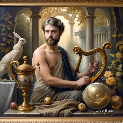 Prompt: (Seven Wonders Art Glass Studio), oil painting, (honoring Nuit), a man with a beard, holding a harp, glass of wine, golden cup beside him, (Ditlev Blunck), neoclassicism, classical painting, Flemish Baroque style, high detail, rich colors, warm glowing light, serene atmosphere, capturing tradition and reverence, elegant background with ethereal elements, ultra-detailed composition, masterful artistry.