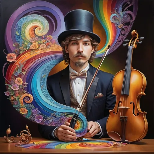 Prompt: art nouveau style, (vibrant colors), painting of a man playing violin, intricate items surrounding him, complex rainbow swirl background, (emotion of harmony and creativity), surreal depiction of sound waves as colors, rhythmic patterns, expressive facial features, ethereal ambiance, whimsical elements, (HD), highly detailed masterpiece.