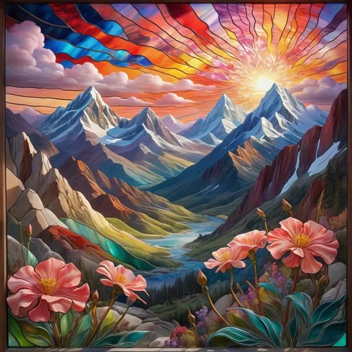 Prompt: (A Seven Wonders Art Glass Studio stained glass window), vibrant mountain landscape, reaching for a delicate flower in the foreground, intricate sky with swirling clouds, (psychedelic art style), homage to Nuit, (gouache detailed paintings), oil on canvas masterpiece, ethereal atmosphere, rich colors blending harmoniously, high quality, (4K ultra-detailed), captivating and immersive visual experience.