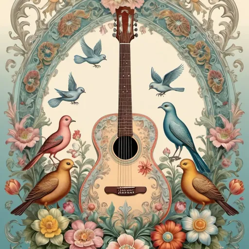 Prompt: (artstyle-renaissance) poster design, (pastel color scheme), centerpiece guitar, surrounded by decorative elements, exquisite eggs, (delicate birds), vibrant flowers, inspired by Ernst Haeckel, rich folk art details, (elaborate) design touches, influences of Flemish Baroque, (elegant composition), soft lighting, (ethereal vibe), ultra-detailed, high quality