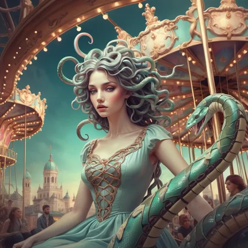 Prompt: (Medusa on a carousel), (snakes intertwining around her head), intricate city background, soft pastel color scheme, (Renaissance art style), (highly detailed digital painting), dreamy and whimsical ambiance, Anna Dittmann inspiration, enchanting storybook illustration, surreal and vibrant, elegant contrasts, light reflections, immersive atmosphere, vivid storytelling elements, rich textures, (4K quality).