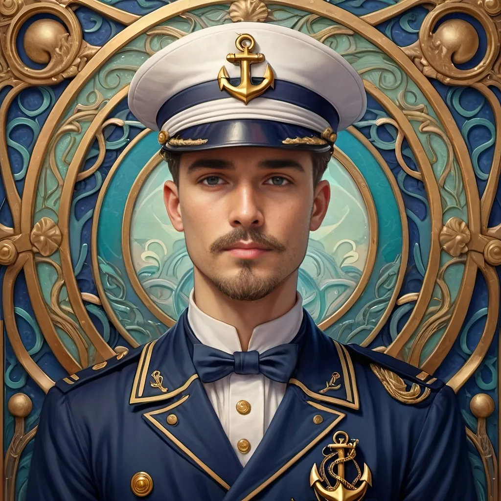 Prompt: Art Nouveau painting, (man in sailor's uniform), (anchor emblem on chest), (sailor's cap), intricate patterns, elegant curves, vivid colors, high depth saturation, mystical atmosphere, mesmerizing mixture of Art Nouveau and Art Deco styles, ornate details, fluid lines, ethereal lighting, captivating mood, rich textures, 4K quality, ultra-detailed composition.