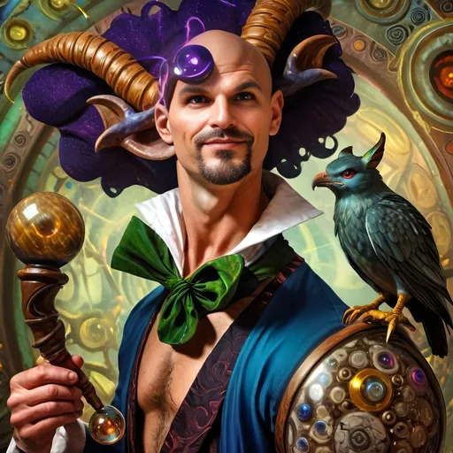 Prompt: (A fine art oil painting) by Seven Wonders Art Glass Studio, (magician man) with a (horned head), (bird on his shoulder), holding a cane and a glowing ball, inspired by Clint Cearley, (fantasy art), rich colors, intricate details, dramatic lighting, mystical atmosphere, character portrait emphasizing the essence of Pan and Nuit, ultra-detailed, vibrant background reflecting magical elements, imaginative and enchanting setting.