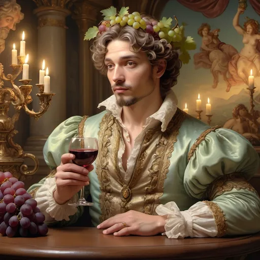 Prompt: (art style: Renaissance), Bacchus holding a glass of wine and a candle, grapes adorning the scene, carousel background, (pastel color scheme), (highly detailed), baroque influences, (digital rendering), captivating ambiance, soft lighting, intricate details, exquisite textures, masterful brushwork, enchanting atmosphere, visually stunning composition, evoking a sense of celebration and merriment, (4K), ultra-detailed illustration.