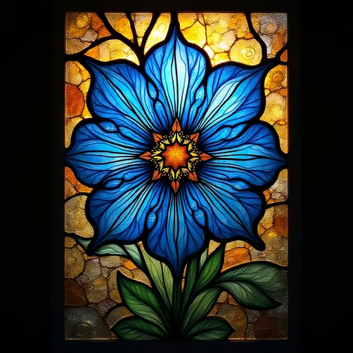 Prompt: (A Seven Wonders Art Glass Studio stained glass window), featuring a stunning blue flower at its center, (exquisite detail), influenced by Flora Macdonald Reid and the Arts and Crafts movement, (Flemish Baroque style), rich texture, intricate designs, warm and vibrant colors illuminating the glass, glimmers of sunlight reflecting through, creating a captivating ambiance, (ultra-detailed), (high quality).