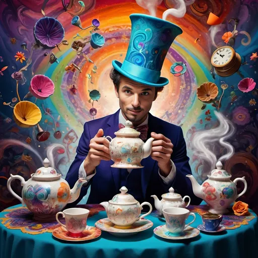 Prompt: (psychedelic still life portrait), vibrant colors, (magician jack-in-the-box man), whimsical tea party ambience, enchanting teapots, magical items animated around him, open book in front, dreamy and surreal atmosphere, intricate details, flowing patterns, mesmerizing depth, an explosion of colors, high-definition masterpiece, captivating and playful vibe.