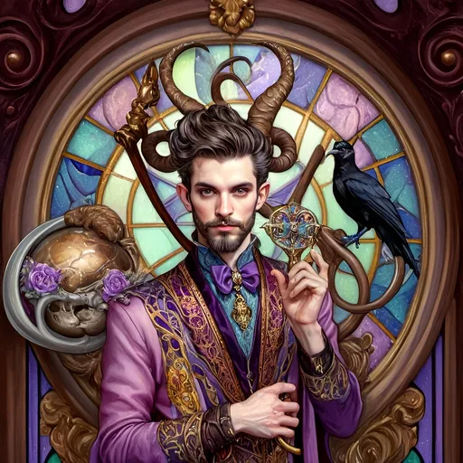 Prompt: Art Nouveau (style), pastel color scheme, a (man magician satyr) with (horns), holding a (skull) in one hand, a (crow perched on his shoulder), elegant pose, stylized cane topped with a (skull orb), intricate stained glass patterns and porcelain influences in the background, dreamy ambiance, (fluid lines), detailed, smooth textures, high quality, ultra-detailed watercolor techniques.