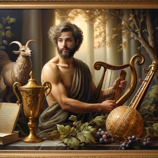 Prompt: (Seven Wonders Art Glass Studio), oil painting, (honoring Nuit), a man with a beard, holding a harp, glass of wine, golden cup beside him, (Ditlev Blunck), neoclassicism, classical painting, Flemish Baroque style, high detail, rich colors, warm glowing light, serene atmosphere, capturing tradition and reverence, elegant background with ethereal elements, ultra-detailed composition, masterful artistry.