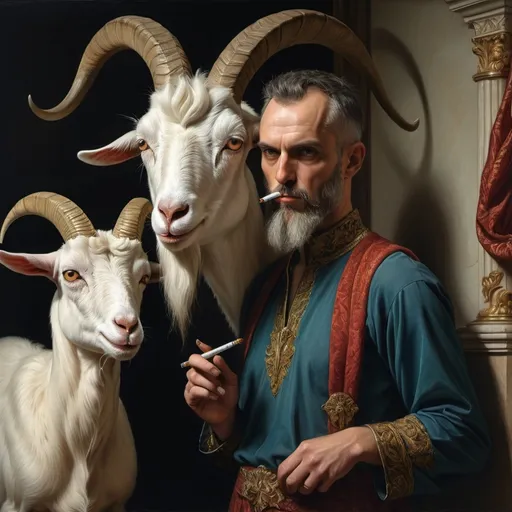 Prompt: (central content: painting of a man with a goat's head), (cigarette in mouth), (another goat's head on his side), (Dino Valls style), (neoclassicism), (extremely detailed), (oil painting), (vibrant colors), (dramatic lighting), (atmospheric depth), (photorealistic quality), (emotionally striking composition), (highly nuanced textures), (4K resolution).