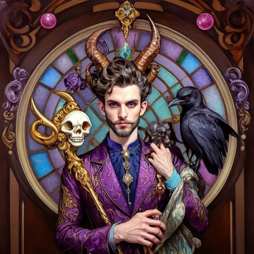 Prompt: Art Nouveau (style), pastel color scheme, a (man magician satyr) with (horns), holding a (skull) in one hand, a (crow perched on his shoulder), elegant pose, stylized cane topped with a (skull orb), intricate stained glass patterns and porcelain influences in the background, dreamy ambiance, (fluid lines), detailed, smooth textures, high quality, ultra-detailed watercolor techniques.