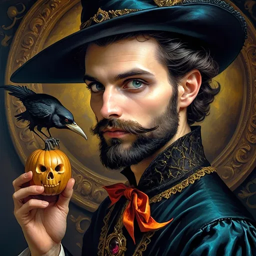 Prompt: (honoring Nuit), captivating handsome man magician, pointed witch hat, facial features highlighted, elegant beard, (renaissance baroque painting style), dark mystical background, rich deep colors with dramatic contrast, elements of Halloween celebration in still life arrangement, enigmatic ambiance, intricate shadows and light, (highly detailed), evoking intrigue and enchantment.