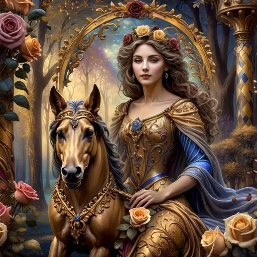 Prompt: Art Nouveau Carousel scene, (elegant woman with horse), (vibrant roses), soft pastel color scheme, (hues of gold and azure), romantic and whimsical atmosphere, detailed decorative elements, intricate designs, enchanting background featuring the (beautiful carousel), ethereal lighting, showcasing the beauty of Nuit, (ultra-detailed, 4K), dreamlike imagery blending nature and artistry.