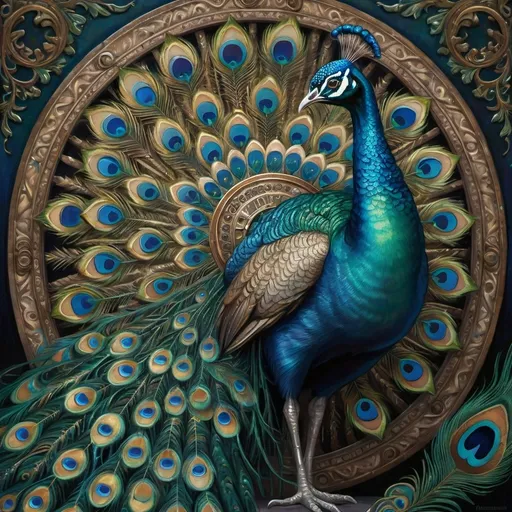 Prompt: (fantasy art) detailed painting of a vibrant peacock with striking blue eyes and iridescent feathers displayed beautifully on its back, creatively juxtaposed with a large, ornate wheel in the foreground, (intricate patterns) dark and moody ambiance, rich color palette with deep blues and emerald greens, (highly detailed) inspired by Daniel Merriam’s style, atmospheric and whimsical, captivating surrealism.