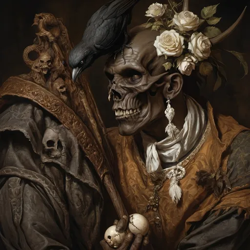 Prompt: (Renaissance still life) (man magician satyr), (dark color scheme), (elegant pose), intricately detailed horns, holding a cane topped with a (skull orb), a menacing (skull orc) at his side, a (crow) gracefully perched on his shoulder, rich textures, captivating shadows, high contrast highlights, evoking a sense of mystical allure, enhanced with (ultra-detailed) features, atmospheric depth and somber elegance.