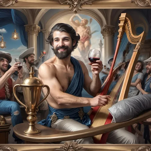 Prompt: (honoring Nuit) oil painting, (Ditlev Blunck style), neoclassical aesthetics, classical painting, flemish Baroque influence, a man with a beard holding a harp, a cup of wine, a golden cup beside him, capturing a mortal honoring the God Pan, rich colors, warm lighting, stunning detail, ethereal ambiance, 4K, ultra-detailed masterpiece, surrounded by a serene, heavenly setting.