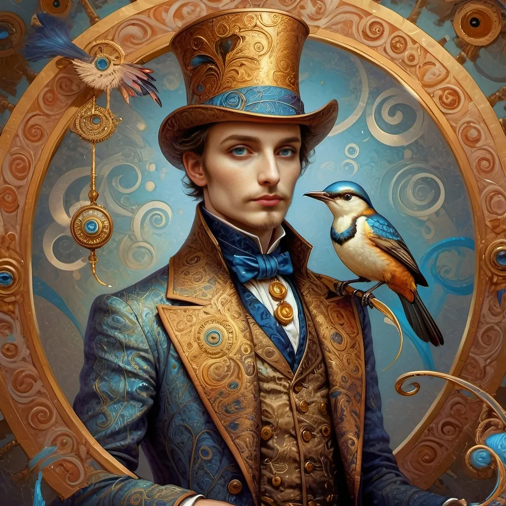 Prompt: a painting of a colorful bird with a circular background and a gold ring around it's neck and a blue eye, Android Jones, psychedelic art, highly detailed digital painting, a detailed painting