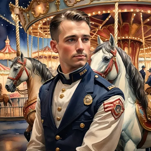 Prompt: (watercolor painting) of a (man in uniform) next to a majestic (horse), set against a whimsical (carousel in the background) illuminated by vibrant lights, inspired by (Edwin Georgi) with influences of (T. Kinkade), showcasing the beauty of an enchanting (American scene), featuring warm, inviting colors, dreamy atmosphere, and intricate details, ultra-detailed, captivating art piece, nostalgic charm.