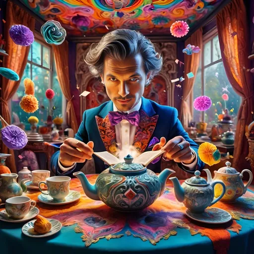 Prompt: (psychedelic still life portrait), vibrant colors, (magician jack-in-the-box man), whimsical tea party ambience, enchanting teapots, magical items animated around him, open book in front, dreamy and surreal atmosphere, intricate details, flowing patterns, mesmerizing depth, an explosion of colors, high-definition masterpiece, captivating and playful vibe.