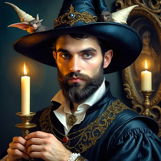 Prompt: (Honoring Nuit) a handsome man magician with a magician pointed witch  hat and a beard in a painting style with a dark background  halloween celebration still life -or trait renaissance boroque