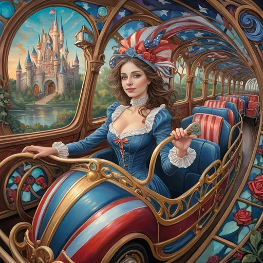 Prompt: (Renaissance oil on canvas) fine detail, (Art Nouveau style), whimsical Americana theme, soft pastel color scheme, enchanting atmosphere, magical roller coaster, woman magician in mask, expertly crafted stained glass first roller coaster car, elements of patriotism, intricate details, unique attractions, lush park landscape, enchanting fairytale ambiance, high quality, ultra-detailed, inviting and cheerful vibe, beautiful fantasy illustration showcasing patriotic enchantment.