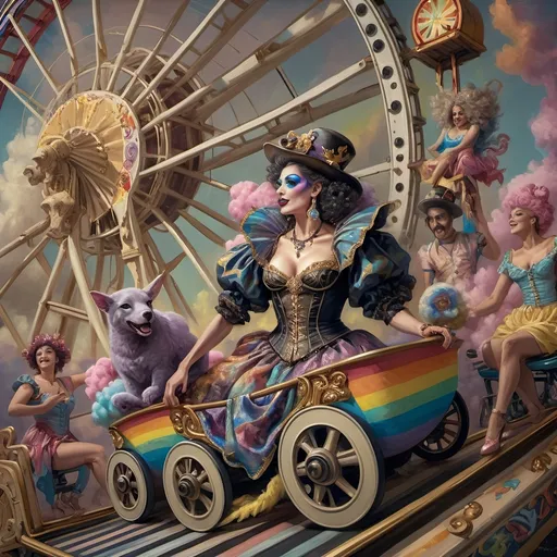 Prompt: (honoring nuit), a mesmerizing painting of colorful drag queens exuding joy and fabulousness while riding a roller coaster, vibrant (rainbow) painted on the side, a whimsical ferris wheel creating a festive atmosphere in the background, whimsical cotton candy clouds, (dynamic movement), warm pastel colors enhancing the lively scene, ultra-detailed, high-quality artwork capturing a celebratory ambiance.