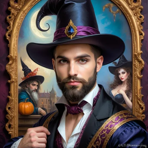 Prompt: (honoring Nuit), captivating handsome man magician with an elegant beard, wearing a pointed witch hat, (renaissance baroque painting style), facial features highlighted in detail, dark mystical background that enhances the allure, rich deep colors creating dramatic contrast, elements of Halloween celebration subtly interwoven, inviting an atmosphere of enchantment and mystery, ultra-detailed, a captivating masterpiece.