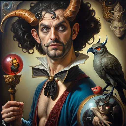 Prompt: (A fine art oil painting) by Seven Wonders Art Glass Studio, (magician man) with a (horned head), (bird on his shoulder), holding a cane and a glowing ball, inspired by Clint Cearley, (fantasy art), rich colors, intricate details, dramatic lighting, mystical atmosphere, character portrait emphasizing the essence of Pan and Nuit, ultra-detailed, vibrant background reflecting magical elements, imaginative and enchanting setting.