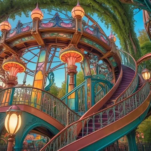 Prompt: (Art Nouveau style), (pastel color scheme), magical mysterious enchanting amusement park titled “Liberty Park” in D.C., whimsical atmosphere, intricate fine details, vibrant rides themed around Americana, stunning stained glass roller coaster, enchanting magician as rider, ethereal lighting, lush greenery, beautifully crafted structures, dreamy and inviting ambiance, 4K, ultra-detailed.