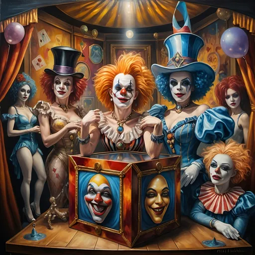 Prompt: a 7 Wonders Art Glass Studio oil painting of clown drag queens as jack-in-the-boxes as exhibits (honoring Nuit)  in a circus setting with esoteric, dark, ,ysterious setting highly detailed oil painting, an ultrafine detailed painting