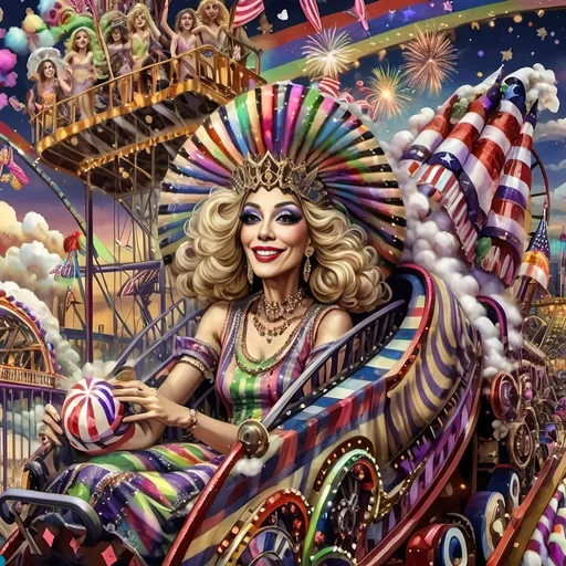 Prompt: (honoring nuit), a mesmerizing painting of colorful drag queens exuding joy and fabulousness while riding a roller coaster, vibrant (rainbow) painted on the side, a whimsical ferris wheel creating a festive atmosphere in the background, whimsical cotton candy clouds, (dynamic movement), warm pastel colors enhancing the lively scene, ultra-detailed, high-quality artwork capturing a celebratory ambiance.