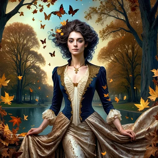 Prompt: (Honoring Nuit, Autumn Equinox), (Renaissance style), woman depicted as nature, flowing dress, butterfly in hair, rich and dark color palette, lush foliage backdrop, mood of serenity and mystery, intricate details in hair and dress, soft chiaroscuro lighting, evocative atmosphere, ultra-detailed, masterful composition, capturing the essence of autumn transition.