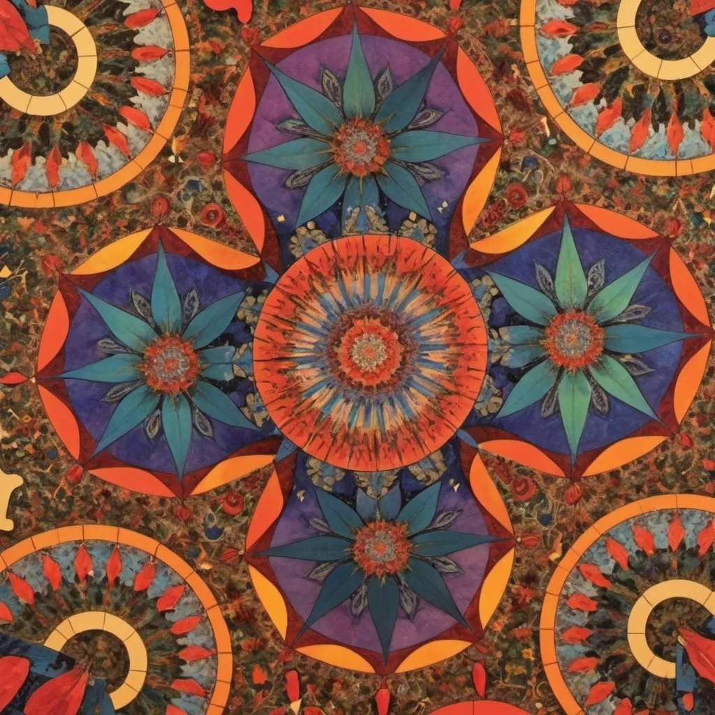 Prompt: a colorful circular design with many different colors and shapes on it's surface, with a circular center, Elizabeth Murray, qajar art, fractals, a jigsaw puzzle