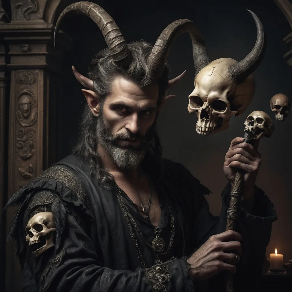 Prompt: (Renaissance still life), (man magician satyr), (dark color scheme), (elegant pose), (horns), holding a cane with skull orc, (crow perched on his shoulder), intricate details, moody ambiance, dim celestial lighting, rich textures, dramatic shadows, (stylized cane topped with a skull orb), ultra-detailed, high quality, evocative atmosphere.