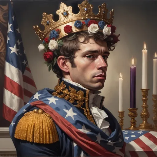 Prompt: a painting of a man wearing a crown and a flag draped around his neck and a candle in the background, Charles Bird King, american romanticism, tristan eaton, a fine art painting