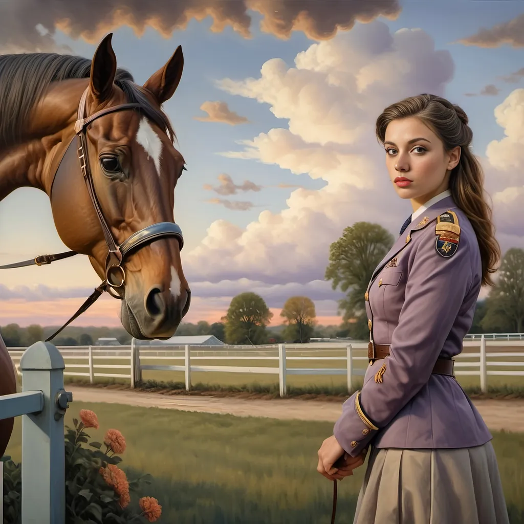 Prompt: (Honoring Nuit), highly detailed (oil painting), thoroughbred horse (majestic posture) on a Kentucky farm, stunning evening dusk lighting, soft illuminated clouds, warm hues of orange and purple blending over fields, rich textures of horse's coat, serene rural landscape (tranquil atmosphere), lush greenery in the background, ultra-detailed, artistic masterpiece showcasing equine beauty at sunset.