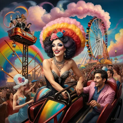 Prompt: (honoring nuit), a mesmerizing painting of colorful drag queens exuding joy and fabulousness while riding a roller coaster, vibrant (rainbow) painted on the side, a whimsical ferris wheel creating a festive atmosphere in the background, whimsical cotton candy clouds, (dynamic movement), warm pastel colors enhancing the lively scene, ultra-detailed, high-quality artwork capturing a celebratory ambiance.