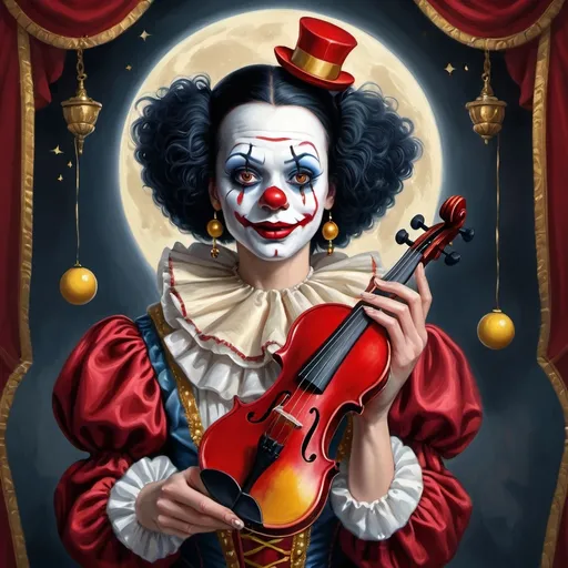 Prompt: a painting of a dark headed female clown with a gold violin and a ball in front of him, with a red clown's face painted on it, magical ambiance, friendly, highly detailed digital painting, an ultrafine detailed painting.  Add Renaissance background.  Adorn with mystic florals.  Add moon influences