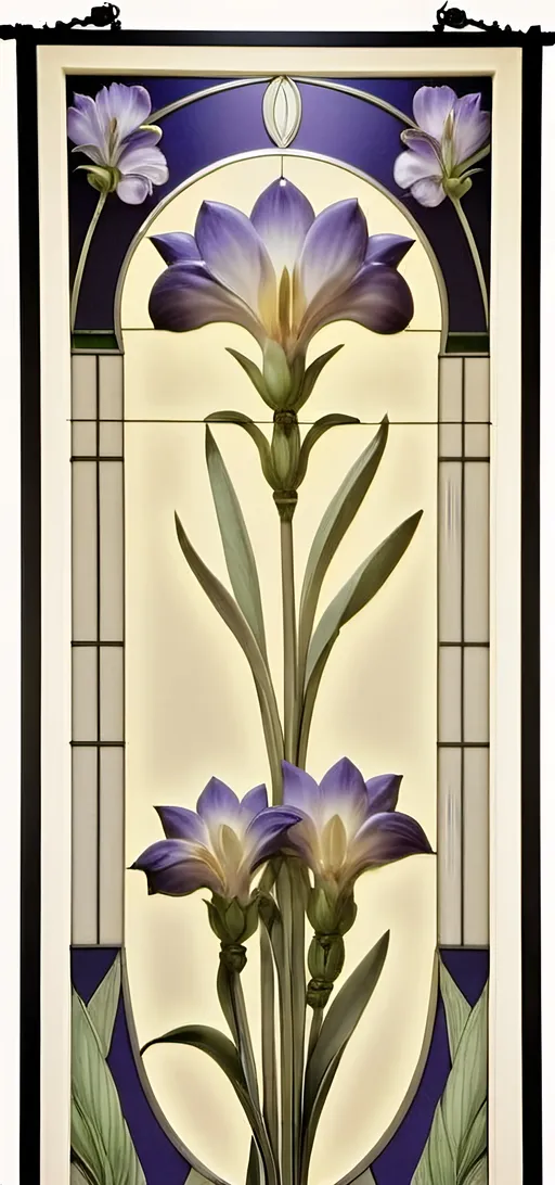 Prompt: Art Deco stained glass window design, (stunning floral patterns), honoring Nuit and Aeon of Horus, vibrant colors blending into delicate imagery, intricate details in glass texture, inspired by the elegance of Art Deco style, (highly detailed), warm ambient light filtering through glass, showcasing the beauty of craftsmanship, 4K quality, perfect for a serene art studio atmosphere.