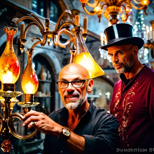 Prompt: (Glass Artisan and Magician), wearing a magical top hat, (constructing magical lights in a stunning chandelier), intricate baroque details, vibrant color scheme, enchanting atmosphere, (workshop setting), immersed in artistry, Murano glass studio in Venice, shimmering glass reflections, dramatic shadows, warm and cool tones, high detail, 4K quality, (capturing the essence of magic and craftsmanship)