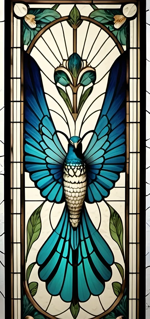 Prompt: (A stunning stained glass window), (Art Deco style), showcasing detailed floral patterns in vibrant hues, (honoring Nuit), intricate designs emblematic of the structure, blending elegance and craftsmanship, rich blues and golds accentuating the artwork, a reverent homage to the Aeon of Horus, (ultra-detailed), set in a serene studio environment, radiating artistic brilliance, ethereal light filtering through the glass, (4K quality).