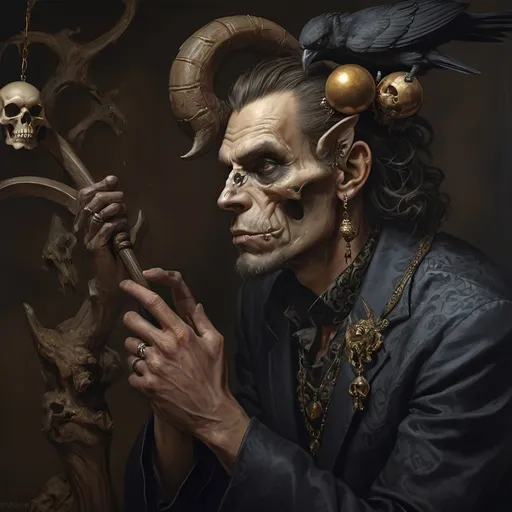 Prompt: (Renaissance still life) (man magician satyr), (dark color scheme), (elegant pose), intricately detailed horns, holding a cane topped with a (skull orb), a menacing (skull orc) at his side, a (crow) gracefully perched on his shoulder, rich textures, captivating shadows, high contrast highlights, evoking a sense of mystical allure, enhanced with (ultra-detailed) features, atmospheric depth and somber elegance.