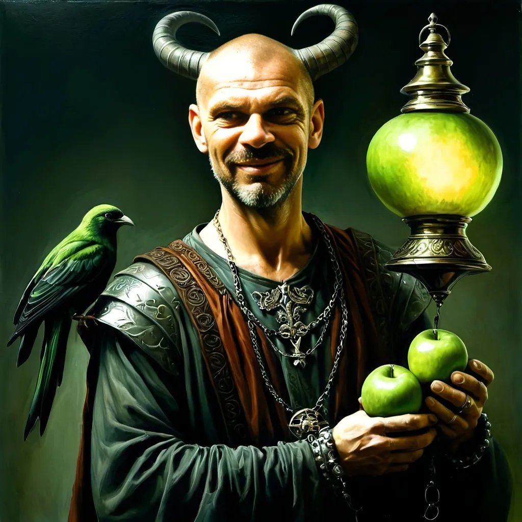 Prompt: (renaissance style), dark color scheme, a man with a horned head, a bird perched on his shoulder, holding a lamp in one hand, a green apple in the other, inspired by Esao Andrews, (highly detailed), fantasy art, character portrait, intricate details, rich textures, dramatic lighting, moody ambiance, ultra-detailed digital painting.