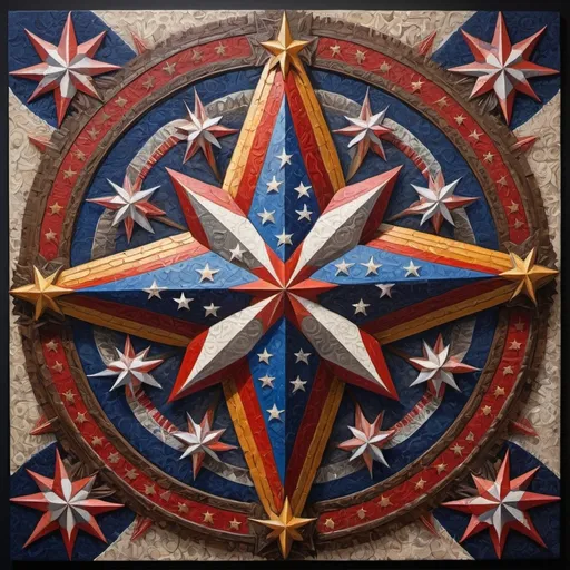 Prompt: (detailed painting), (symbolic star), vibrant colors of the United States, intricate symbols representing America, rich textures, depth in colors, blend of traditional and modern regionalism themes, expressing unity and diversity, profound visual storytelling, captures the essence of American identity, ultra-detailed, a masterpiece celebrating the spirit of the nation.