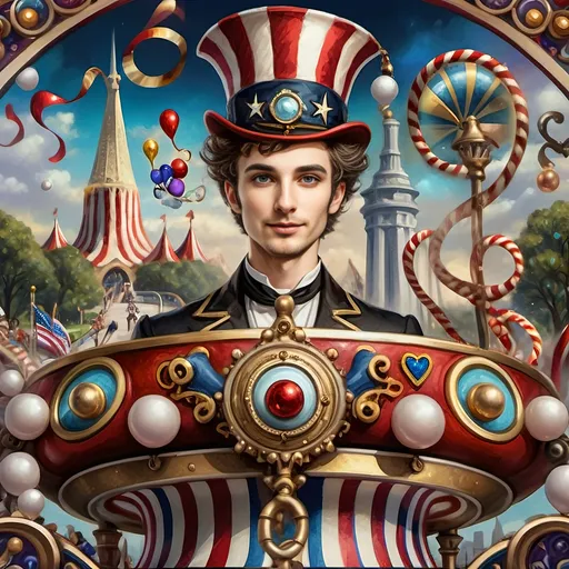 Prompt: (Acrylic painting of a magician man), wearing a (patriotic top hat), joyfully riding a (whimsical rollercoaster) in Liberty Park, with (HD details), vibrant colors, and enchanting motifs. The scene features the (Washington Monument) in the background, as well as the phrase (accurately spelled text "Yankee Doodle"). An aura of celebration and magic surrounds the image, honoring Nuit and the Aeon of Horus.