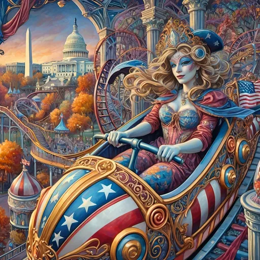 Prompt: (Renaissance oil on canvas), (Art Nouveau style), (pastel color scheme), enchanting amusement park titled “Liberty Park” in D.C., magical and whimsical atmosphere, intricate fine details, vibrant rides themed around Americana and patriotism, spectacular stained glass roller coaster, woman magician in a striking mask, elegantly poised in the first car, dreamy surroundings, enchanting woods in the background, (ultra-detailed, HD).