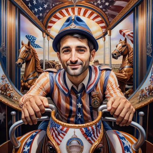 Prompt: (A Seven Wonders Art Glass Studio), oil renaissance painting, (vibrant colors), a man in military uniform, proudly riding on a Carousel of Heroes, surrounded by gracefully carved horses, soft, glowing ambiance, honoring veterans and those serving in the U.S. Military, warm golden lighting, intricate details in the uniform, carousel with richly adorned decorations, respectful atmosphere, high quality, ultra-detailed.