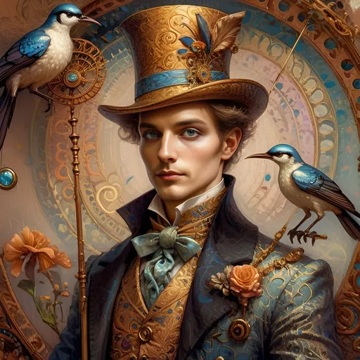 Prompt: a painting of a colorful bird with a circular background and a gold ring around it's neck and a blue eye, Android Jones, psychedelic art, highly detailed digital painting, a detailed painting