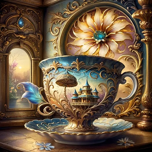 Prompt: (A Seven Wonders Art Glass Studio) oil painting, enchanted tea cup, (carousel of dreams), magical world unfolding, rich colors, whimsical atmosphere, fine detail, intricately designed porcelain with age lines and cracks, luminous lighting highlighting textures, surreal surroundings, dreamy ambiance, high depth, (ultra-detailed), evocative and imaginative scene.