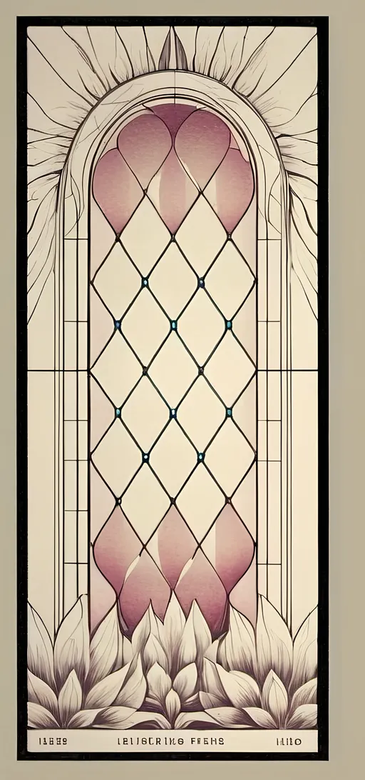 Prompt: Art Deco stained glass window design, (stunning floral patterns), honoring Nuit and Aeon of Horus, vibrant colors blending into delicate imagery, intricate details in glass texture, inspired by the elegance of Art Deco style, (highly detailed), warm ambient light filtering through glass, showcasing the beauty of craftsmanship, 4K quality, perfect for a serene art studio atmosphere.